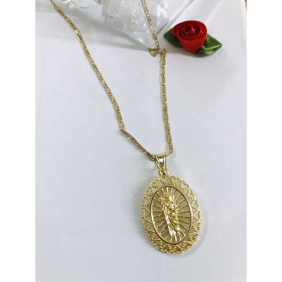 18K Gold Filled Oro Laminado Thin Necklace w/ San Judas Tadeo Oval Religious 23" - Picture 1 of 5